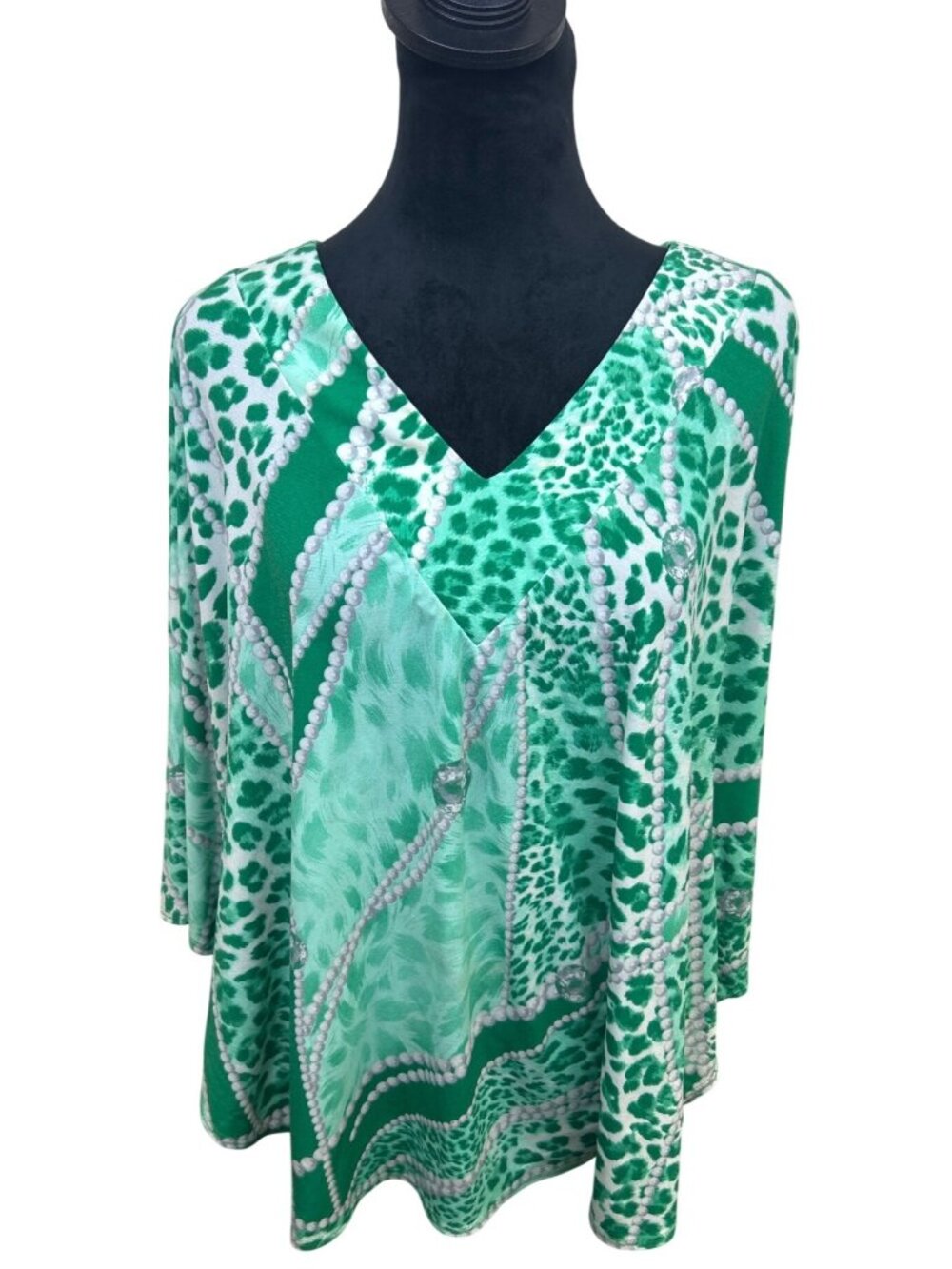 Vtg Simonton Says Women's L Green Leopard Top Flowy Dolman Stretch Animal Print